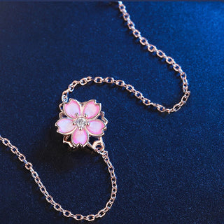 Buddha Gift 925 Sterling Silver Cherry Blossom Blessing Chain Bracelet Rotatable Ring