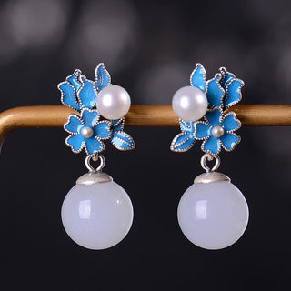 Buddha Gift White Jade 925 Sterling Silver Pearl Flower Blessing Necklace Pendant Ring Earrings
