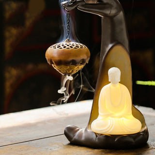 Buddha Gift Led Buddha Hand Backflow Smoke Fountain Healing Ceramic Stick Incense Burner Decoration