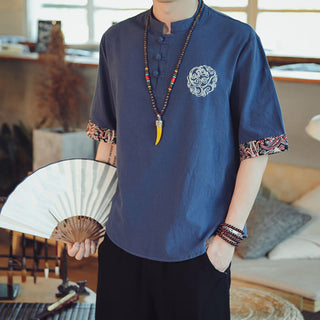 Buddha Gift Frog-Button Dragon Embroidery Chinese Tang Suit Short Sleeve Shirt Linen Men Clothing