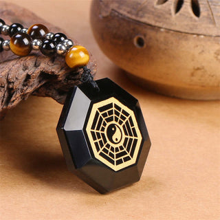 Buddha Gift Bagua Yin Yang Black Obsidian Purification Beaded Necklace Pendant