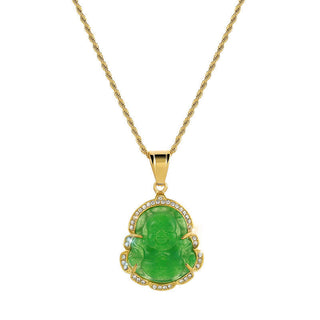 Buddha Gift 18K Gold Filled Laughing Buddha Jade Luck Necklace Chain Pendant