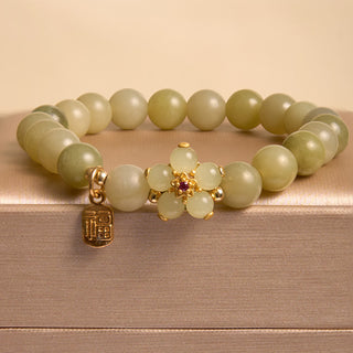 Buddha Gift Green Jade Flower Fu Character Charm Luck Bracelet