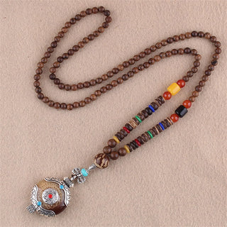 Buddha Gift Tibetan Wenge Wood Bodhi Seed Agate Elephant Protection Necklace Pendant