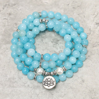 Buddha Gift Natural Amazonite Stone Healing Lotus Mala Bracelet