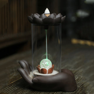 Buddha Gift Buddha Hand Lotus Enlightenment LED Light Purple Clay Ceramic Incense Burner Decoration