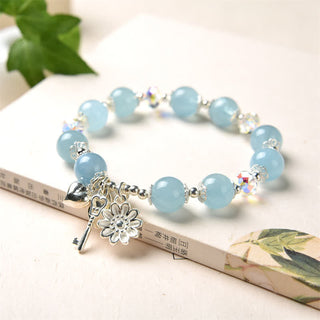 Buddha Gift 925 Sterling Silver Natural Aquamarine Serenity Flower Love Key Charm Bracelet