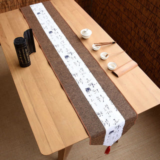 Buddha Gift Classic Chinese Style Lotus Koi Fish Flower Crane Calligraphy Enlightenment Cotton Linen Tassels Table Runner
