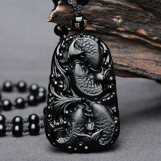 Buddha Gift Black Obsidian Koi Fish Engraved Strength Beaded Necklace Pendant