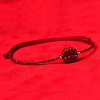 Buddha Gift Natural Cinnabar Four Leaf Clover Blessing Red String Bracelet Anklet