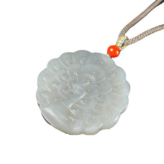 Buddha Gift White Jade Peacock Protection Blessing Necklace Pendant