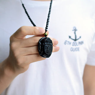 Buddha Gift Natural Black Obsidian Kwan Yin Avalokitesvara Strength String Necklace Pendant