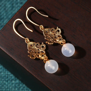 Buddha Gift 24K Gold Plated Round Chalcedony Positive Dangle Drop Earrings