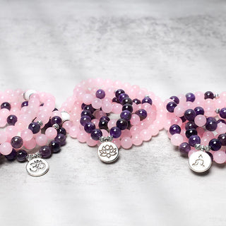 Buddha Gift Natural Rose Quartz & Amethyst Mala Bead Lotus Pendant Bracelet