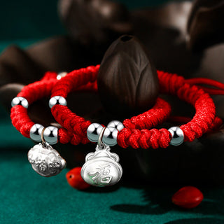 Buddha Gift 925 Sterling Silver Handmade Fu Character Lucky Money Bag Chinese Lock Charm Bell Lotus Copper Coin King Kong Knot Braided Kids Bracelet