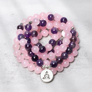 Buddha Gift Natural Rose Quartz & Amethyst Mala Bead Lotus Pendant Bracelet