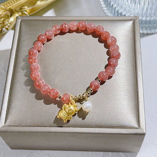 Buddha Gift Year of the Dragon Strawberry Quartz Dragon Pearl Charm Protection Bracelet