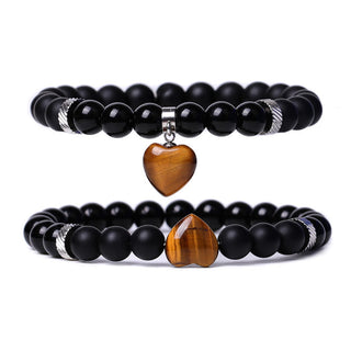 Buddha Gift 2Pcs Black Onyx Crystal Stone Love Heart Protection Support Couple Bracelet
