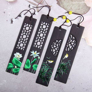 Buddha Gift Green Lotus Bamboo Oriole Ebony Wood Bookmarks With Gift Box