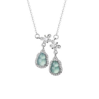 Buddha Gift 925 Sterling Silver Green Jade Double Gourd Butterfly Luck Necklace Pendant