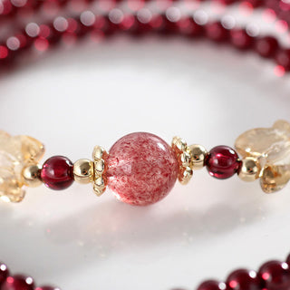 Buddha Gift 14K Gold Plated Natural Garnet Strawberry Quartz Butterfly Protection Double Wrap Bracelet