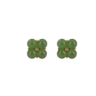 Buddha Gift 925 Sterling Silver Plated Gold Natural Cyan Jade Four Leaf Clover Luck Stud Earrings