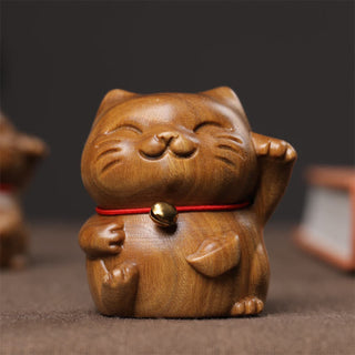 Buddha Gift Green Sandalwood Small Mini Cute Lucky Cat Peace Decorations