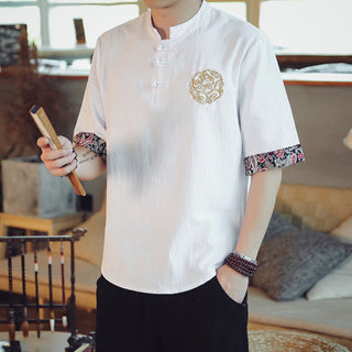 Buddha Gift Frog-Button Dragon Embroidery Chinese Tang Suit Short Sleeve Shirt Linen Men Clothing