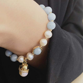 Buddha Gift Aquamarine Pearl Peace Healing Lucky Cat Charm Bracelet