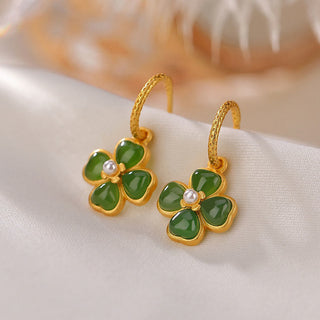 Buddha Gift 925 Sterling Silver Natural Cyan Jade Four Leaf Clover Luck Success Earrings