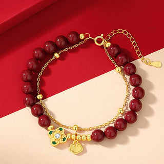 Buddha Gift 925 Sterling Silver Natural Cinnabar Four Leaf Clover Flower Blessing Chain Bracelet