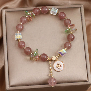 Buddha Gift Strawberry Quartz Lucky Four Leaf Clover Healing Charm Bracelet