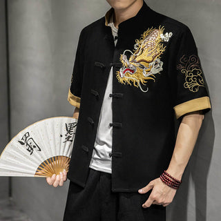 Buddha Gift Frog-Button Chinese Dragon Auspicious Cloud Embroidery Half Sleeve Shirt Cotton Linen Men Clothing