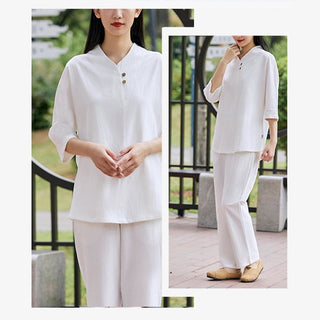 Buddha Gift 2Pcs Shirt Top Pants Meditation Zen Tai Chi Cotton Linen Clothing Women's Set