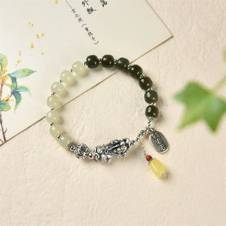 Buddha Gift 925 Sterling Silver Natural Hetian Jade Amber PiXiu Luck Bracelet