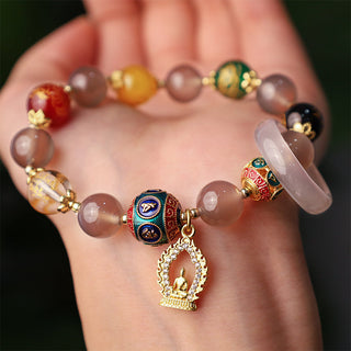 Buddha Gift Natural Gray Agate Five Directions Gods of Wealth Om Mani Padme Hum Buddha Charm Bracelet