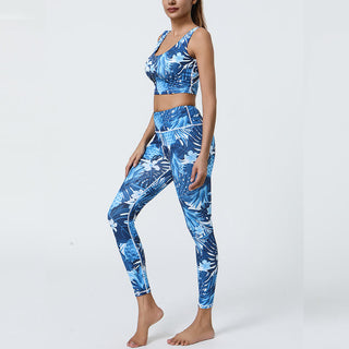 Buddha Gift 2Pcs Pineapple Grass Leaves Print Sports Fitness Crop Tank Bra High Waist Leggings Yoga Pants