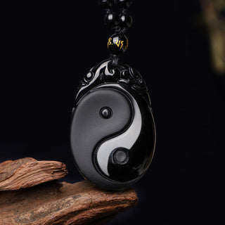 Buddha Gift Natural Black Obsidian Yin Yang Fulfilment Strength Necklace Pendant