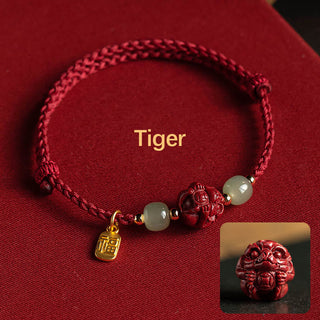 Buddha Gift Natural Cinnabar Chinese Zodiac Hetian Jade Fu Character Luck Rope Bracelet