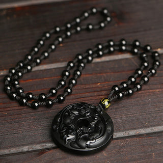Buddha Gift Natural Black Obsidian Peace Buckle Pixiu Bead Rope Strength Necklace Pendant