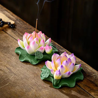 Buddha Gift Lotus Flower Leaf Pod Spiritual Healing Ceramic Stick Incense Burner Decoration