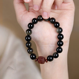 Buddha Gift Natural Gold Sheen Obsidian Rainbow Obsidian Om Mani Padme Hum Fu Character Healing Bracelet