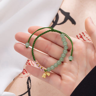 Buddha Gift Handmade Jade Bead Lily of the Valley Charm Luck Braided Bracelet