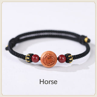 Buddha Gift Natural Peach Wood Chinese Zodiac Fu Character Carved Cinnabar Wealth Bracelet