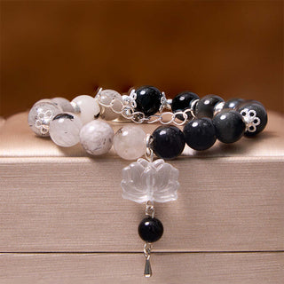 Buddha Gift Silver Sheen Obsidian Crackle Clear Quartz Black Rutilated Quartz Yin Yang Lotus Protection Bracelet