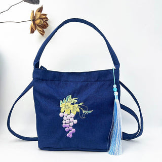 Buddha Gift Embroidery Wisteria Plum Lotus Cherry Blossom Cotton Linen Canvas Tote Crossbody Bag Shoulder Bag Handbag