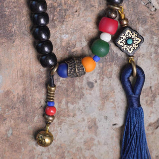 Buddha Gift 108 Beads Mala Ebony Wood Dzi Bead Copper Balance Tassel Bracelet