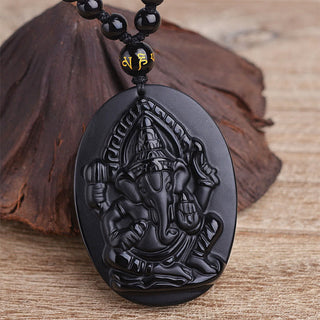 Buddha Gift Tibetan Obsidian Ganesh Ganpati Elephant Wealth Amulet Necklace