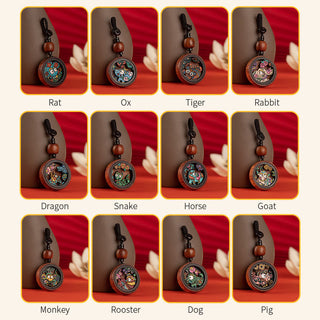 Buddha Gift Year Of The Dragon Hand Painted Chinese Zodiac Rosewood Carved Calm Key Chain