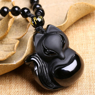 Buddha Gift Natural Black Obsidian Tiger Eye Ice Obsidian Fox Pendant Amulet Necklace